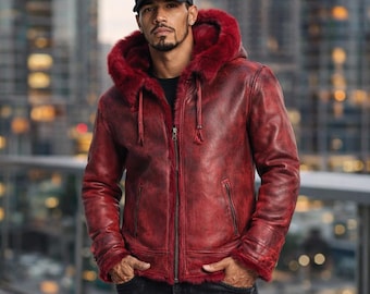 Chaqueta de cuero roja con capucha para hombre, forro de piel de oveja y ribete de piel – Ropa de calle de invierno