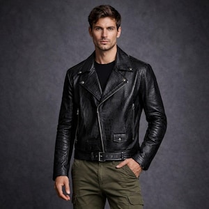 May include: A black leather jacket with a textured, crocodile-like pattern. The jacket features a classic asymmetrical zipper, a notched collar, and a belt at the waist. The model is wearing a black shirt and olive green cargo pants.