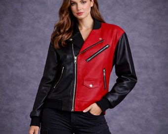 Chaqueta de motociclista de cuero rojo y negro para mujer: estilo motero con bloques de color