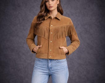 Chaqueta de gamuza con flecos para mujer: estilo western con botones frontales y ribete vaquera vintage