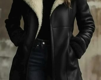 May include: Black leather coat with a cream-colored shearling collar and cuffs. The coat has a longline silhouette, a notched collar, and a button closure. The model is wearing a black turtleneck and dark wash jeans.