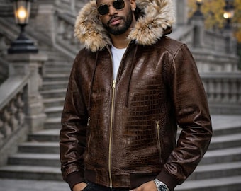 Chaqueta bomber de cocodrilo marrón con capucha de piel, abrigo de invierno de cuero exótico para hombre.