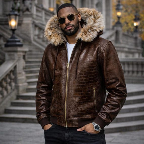 Brown Crocodile Bomber Jacket With Fur Hood Mens Exotic Leather
