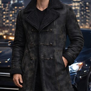 Close-up of shearling collar and distressed leather texture