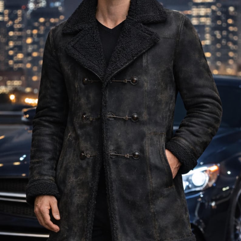 Close-up of shearling collar and distressed leather texture