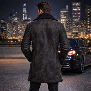 Back view of black distressed leather trench coat men