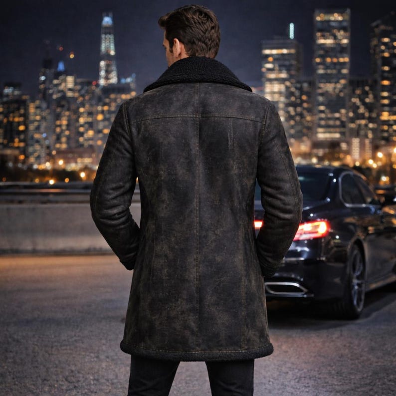 Back view of black distressed leather trench coat men