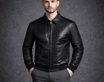 Chaqueta Harrington con relieve de cocodrilo para hombre: abrigo de piel de lujo con forro de seda