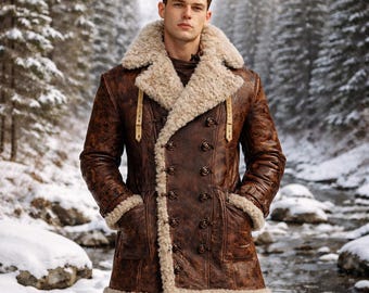Gabardina de piel marrón desgastada para hombre con cuello de piel de oveja: abrigo cálido para el invierno.