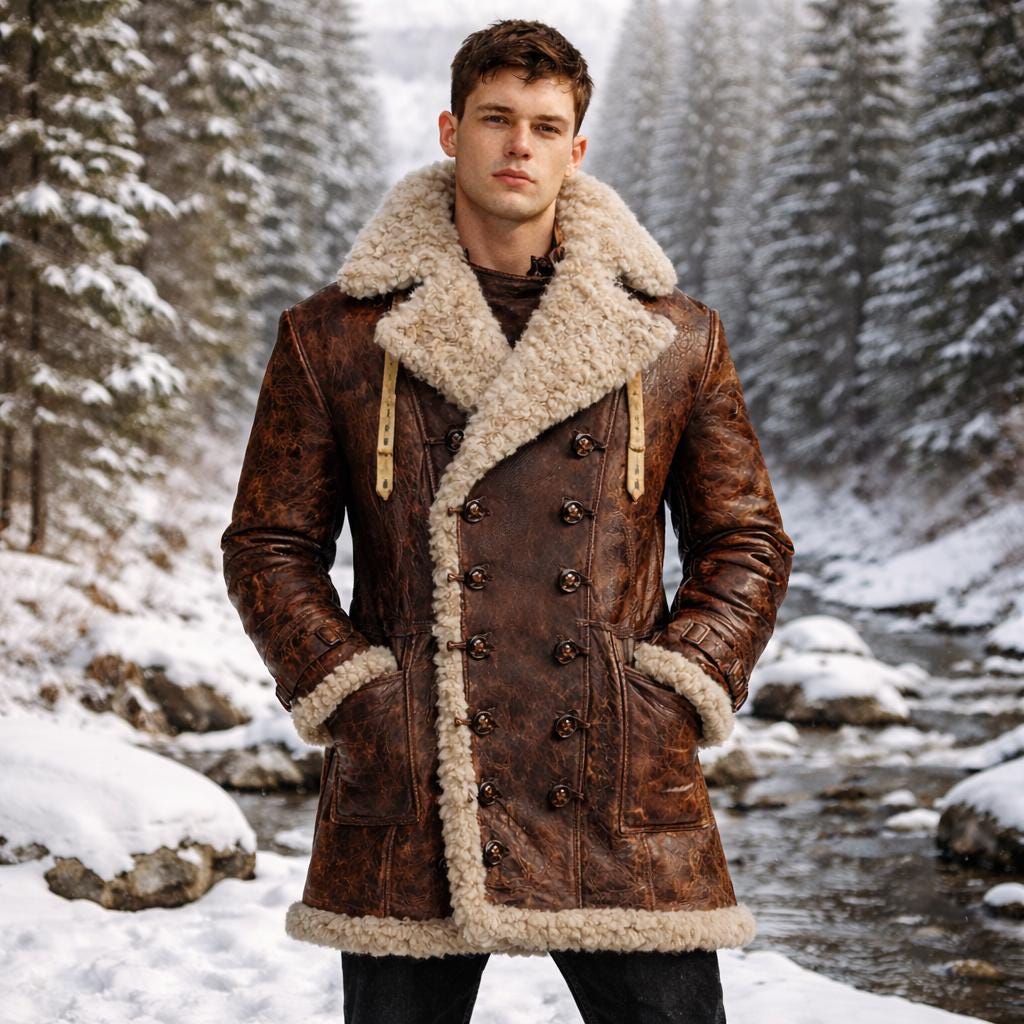 Cognac Croc-embossed Distressed Leather Trench Coat With Shearling