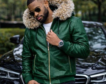 Forest Green Croc Embossed Leather Jacket - Fur Hooded Bomber