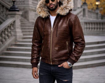 Brown Crocodile Bomber Jacket With Fur Hood Mens Exotic Leather