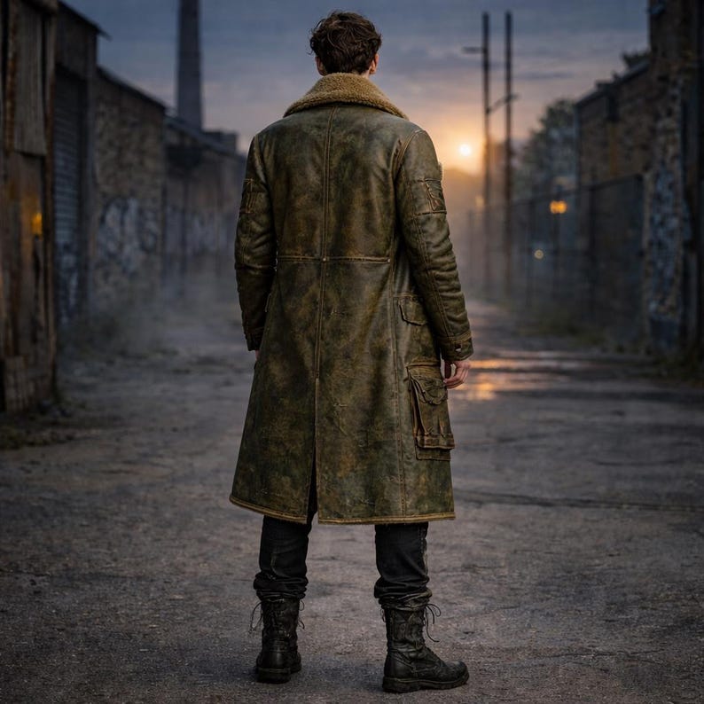 Back view of olive green distressed leather long winter coat for men