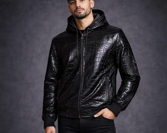 Chaqueta de piel de cocodrilo negra con capucha para hombre: estilo urbano con cremallera y relieve