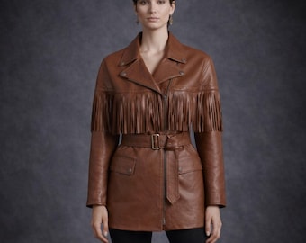 Abrigo de cuero con flecos para mujer: estilo western largo con cinturón y autoridad vintage