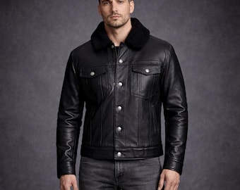 Chaqueta de camionero de cuero negro con cuello de felpa de invierno