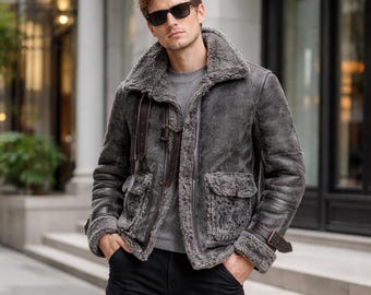 Chaqueta de piel de oveja gris para hombre con forro suave: abrigo de invierno estilo aviador desgastado.