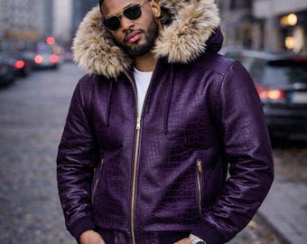 Chaqueta bomber de piel con efecto cocodrilo morado - Ropa de calle de lujo para hombre