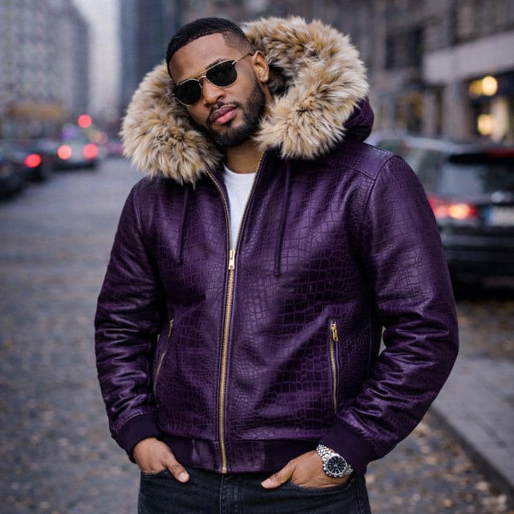 Brown Crocodile Bomber Jacket With Fur Hood Mens Exotic Leather