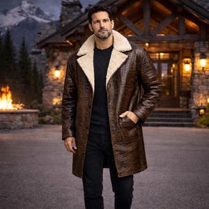 Peut inclure: Un long manteau en cuir marron avec un col en fausse fourrure. Le manteau présente un motif texturé en forme de crocodile et une fermeture boutonnée. Il possède deux poches avant et est porté sur un chemisier noir et un pantalon noir.