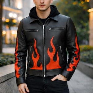 Veste à capuche en cuir pour homme avec motif flammes | Veste motard streetwear faite main