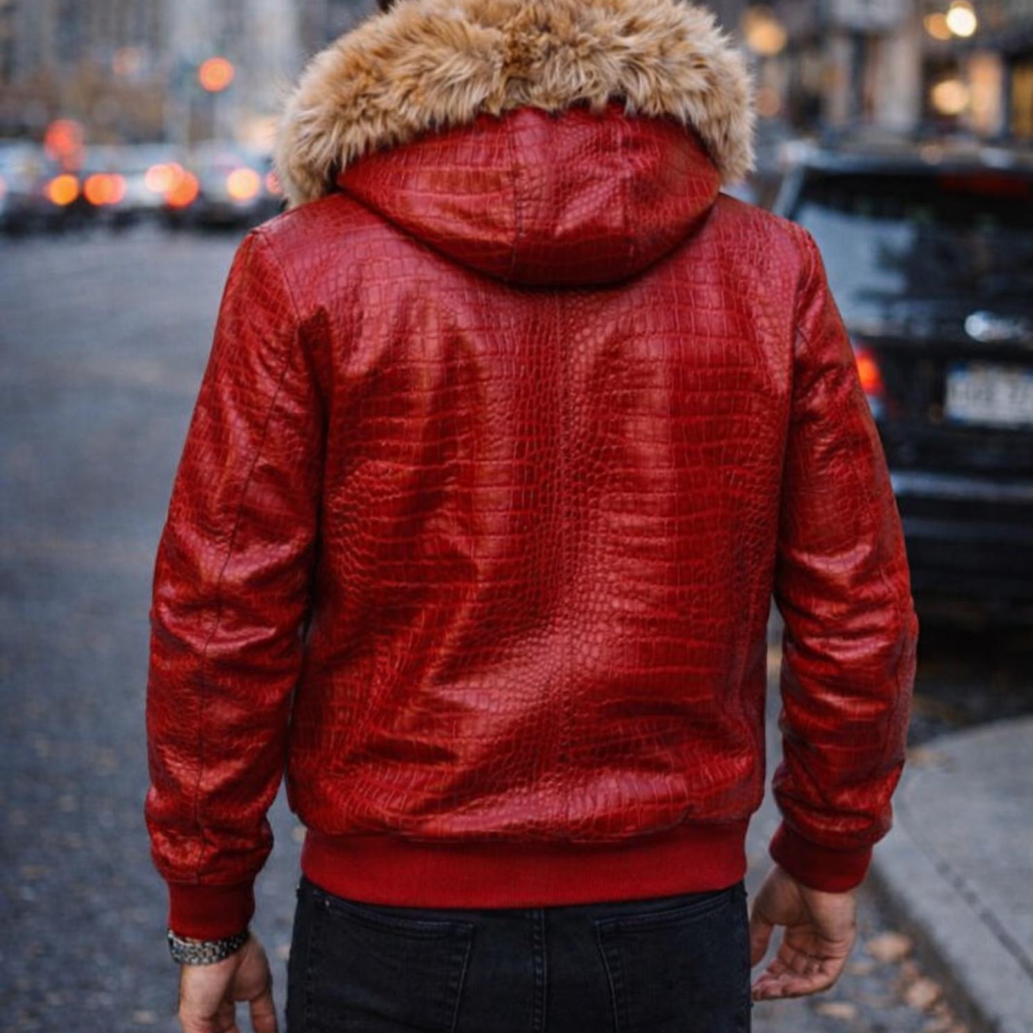 Mens Black Croc Leather Bomber Jacket With Fur Hood - Luxury