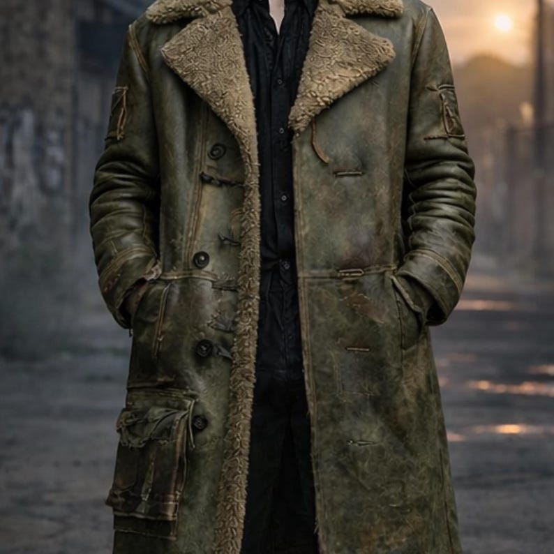 Close-up of distressed leather texture and shearling collar on men’s trench coat
