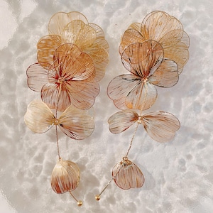 Large Gold Flower Earrings, Cascading Floral Dangles, Huge Fall Statement Earrings, Long Earrings Shoulder Dusters, Gift for Her