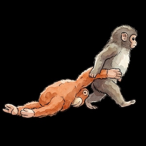 May include: Watercolor illustration of two monkeys on a black background. One gray monkey is walking, holding the arm of a prone orange monkey. The orange monkey is looking at the gray monkey.