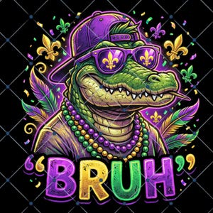 以下が含まれることがあります： 紫色の帽子、サングラス、ビーズのネックレスを身に着けたワニのデジタルイラスト。サングラスと帽子には、フルール・ド・リスのデザインが施されています。「BRUH」という言葉が、引用符付きのカラフルな文字で表示されています。