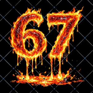 May include: Fiery image of the number 67, rendered in flames against a black background. The digits are orange and red, with dripping, molten edges. The image has a grid pattern overlayed with blue dots.