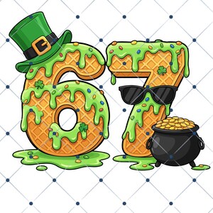 以下が含まれることがあります： ワッフル模様と緑色の垂れ下がるアイシングでデザインされた数字67の気まぐれなグラフィック。6は緑色のレプラコーンハットをかぶり、7はサングラスをかけています。金の入ったポットが下にあります。