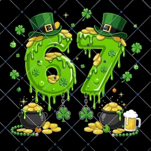 Puede incluir: Gráfico del Día de San Patricio con los números 67 en verde goteante, adornados con monedas de oro, sombreros de duende y ollas de oro. El fondo es negro con un patrón de diamantes y tréboles.