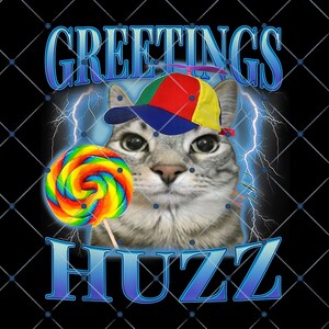 Op de afbeelding: Een digitale afbeelding van een grijze kat met een kleurrijke propellerhoed en een regenboog lolly. De woorden "GREETINGS" en "HUZZ" zijn in het blauw geschreven, met bliksemflitsen op de achtergrond.