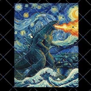 Starry Night Godzilla PNG: Japanese Ukiyo-e Style (Digital Download)