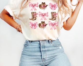 Cowgirl Pink Bow Shirt, Western Cowgirl Boots and Hat Tee, Cute Country Aesthetic TShirt, Girly Rodeo Outfit, Southern Graphic Tee