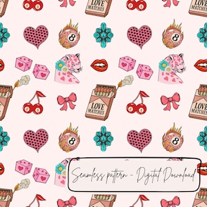 May include: Seamless pattern featuring a repeating design of hearts, dice, cherries, bows, lips, a leopard, and matchboxes with the text "LOVE MATCHES". The design includes a flaming eight ball and turquoise jewels on a light pink background.