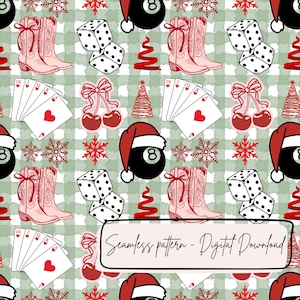 May include: Seamless pattern with a light green checkered background featuring red cowboy boots, dice, playing cards, cherries, Christmas trees, snowflakes, and a black 8-ball wearing a Santa hat. The text "Seamless pattern - Digital Download" is included.