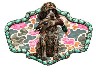 May include: A graphic design featuring a spotted hunting dog wearing a camouflage baseball cap with a duck logo, holding a mallard duck in its mouth. The scene is framed by a border of turquoise stones against a pink, gray, and tan camo background.