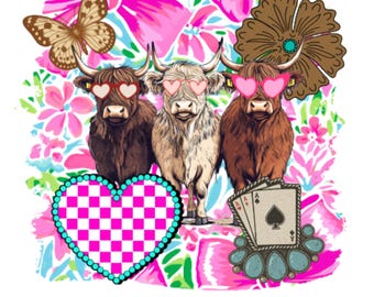 Highland Cow Cowgirl PNG, Western Valentine Cow PNG, Pink Checkered Heart Western Design, Boutique Cowgirl Digital Download