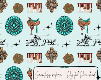 Motivo senza cuciture a sella western, carta digitale cowgirl con concho turchese, design senza cuciture western Rodeo Howdy