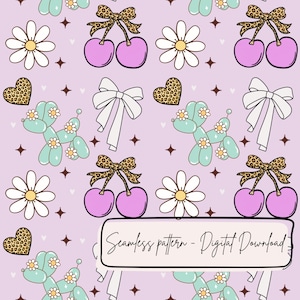 May include: Seamless pattern with a repeating design of cherries with leopard print bows, daisies, balloon dog shapes, hearts with leopard print, and white bows on a lavender background. The text "Seamless pattern - Digital Download" is in a black rectangle.