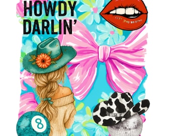 Howdy Darlin PNG, Cowgirl Collage Sublimation Design, Pink Bow Western PNG, Boutique Cowgirl Digital Download