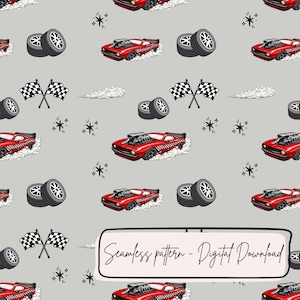 May include: Seamless pattern featuring red race cars, checkered flags, and tire stacks on a gray background. The design includes starbursts and smoke trails, with the text "Seamless pattern - Digital Download".