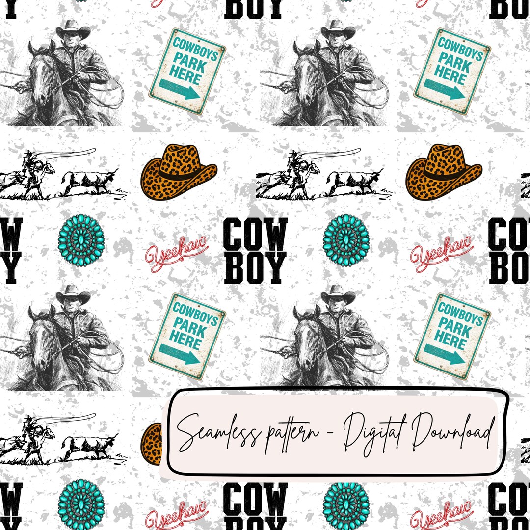 Western Cowboy Seamless Pattern, Vintage Cowboy Print, Yeehaw Cowgirl ...