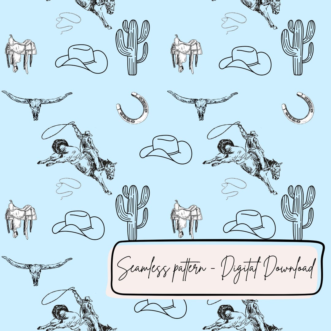 Western Ranch Patterns Western Cowboy Seamless Pattern, Ranch Digital Paper, Blue Cowgirl ...