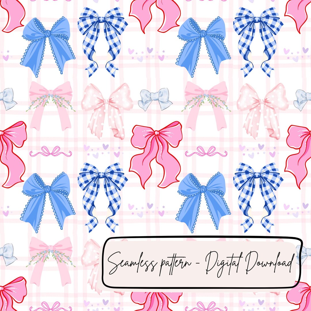 Pastel Bow Seamless Pattern, Pink Blue Coquette Bows Gingham Digital ...