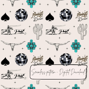 May include: A seamless digital download pattern with a beige backdrop, showcasing western-themed illustrations. The design incorporates a cowboy roping a bull, a disco ball, a cactus, turquoise jewellery, a longhorn skull, and the text "Howdy Darlin'" and "Seamless pattern - Digital Download".