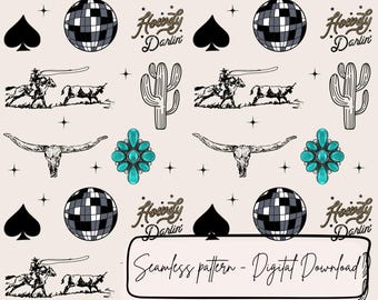Motivo Western Disco senza cuciture, carta digitale Howdy Darlin Cowgirl, stampa rodeo turchese