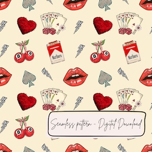 May include: A seamless pattern featuring red lips, playing cards, cherries with 8-balls, a red heart, a pack of Marlboro cigarettes, and lightning bolts on a cream background.